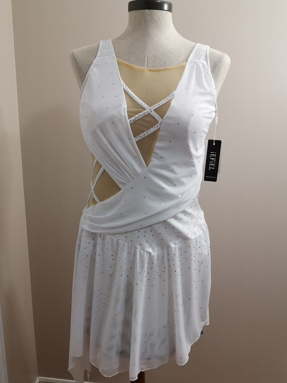 iEFiEL White Rhinestone Mesh Dance Dress, Size M, Open Back